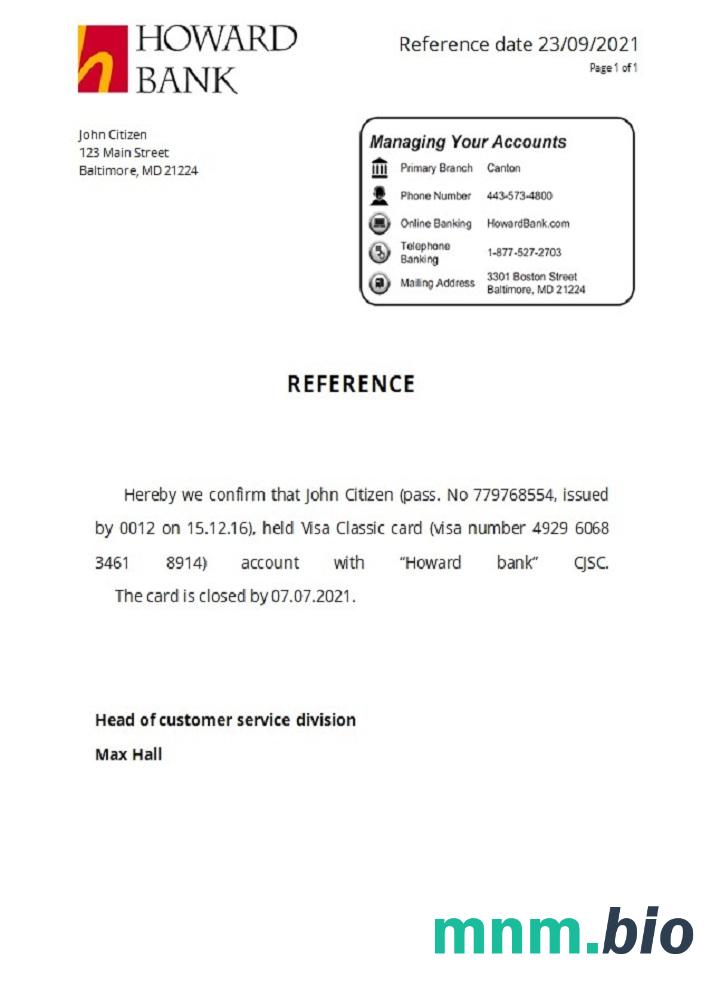 Przykład odniesienia do zamknięcia USA Howard w formatach Word i PDF